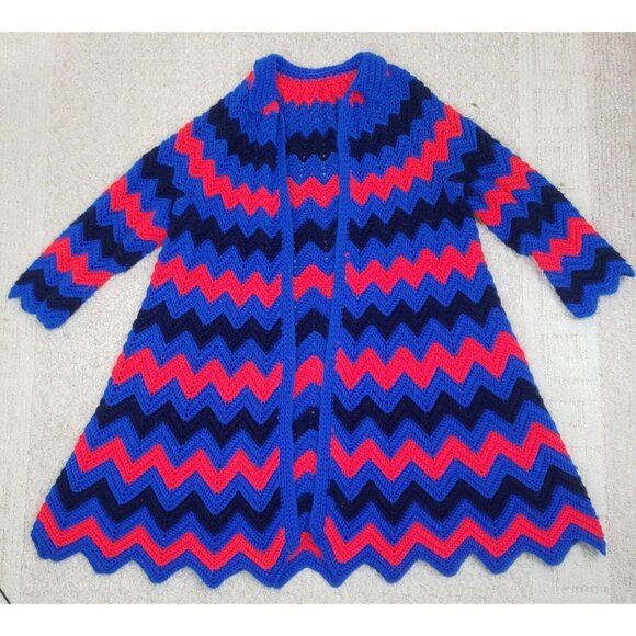 Crochet Granny Square Coat XL Cardigan Handmade Afghan Chevron Rainbow Red Blue - Picture 2 of 11